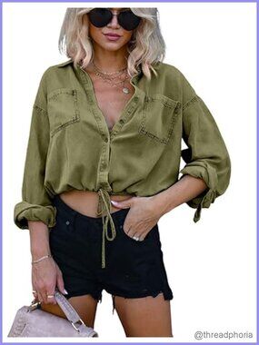 Women's Crop Denim Shirt Oversized Button Down 100% Cotton Jean Top